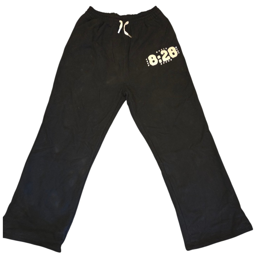 8stages Mens Black Wide Leg Distressed Sweatpants 8:28 Chenille Patchβ Size M